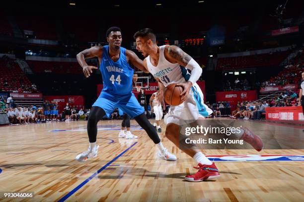 Willy Hernangomez of the Charlotte Hornets handles the ball against the Oklahoma City Thunder during the 2018 Las Vegas Summer League on July 6, 2018...