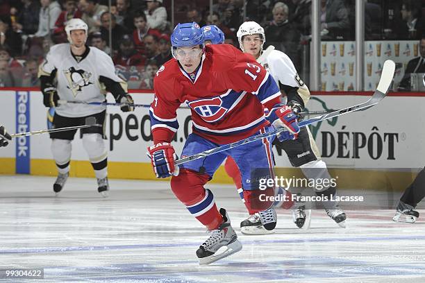 Mike Cammalleri of Montreal Canadiens skates for the puck in Game Six of the Eastern Conference Semifinals against the Pittsburgh Penguins during the...