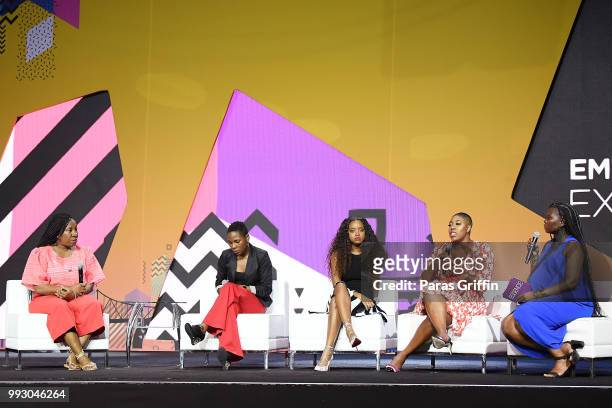 Tarana Burke, Luvvie Ajayi, Tamika Mallory, Symone Sanders and Yolanda Sangweni speak onstage during the 2018 Essence Festival presented by Coca-Cola...