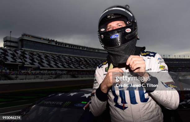 Brad Keselowski, driver of the Stars Stripes and Lites Ford, prepares to qualify for the Monster Energy NASCAR Cup Series Coke Zero Sugar 400 at...