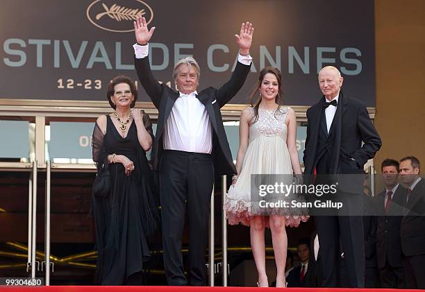 Actress Claudia Cardinale, actor Alain Delon, Anouchka Delon and Cannes President Gilles Jacob attends the "IL Gattopardo" Premiere at the Palais des...