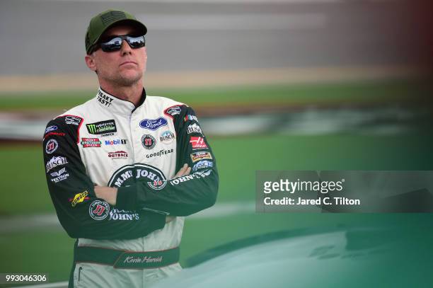 Kevin Harvick, driver of the Jimmy John's Kickin' Ranch Ford, looks on during qualifying for the Monster Energy NASCAR Cup Series Coke Zero Sugar 400...