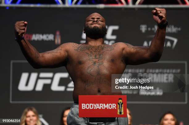 Derrick Lewis poses on the scale during the UFC 226 weigh-in inside T-Mobile Arena on July 6, 2018 in Las Vegas, Nevada.