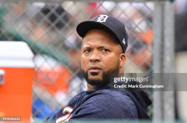 Francisco Liriano of the Detroit Tigers looks on from the dugout during the game against the Cleveland Indians at Comerica Park on June 10, 2018 in...