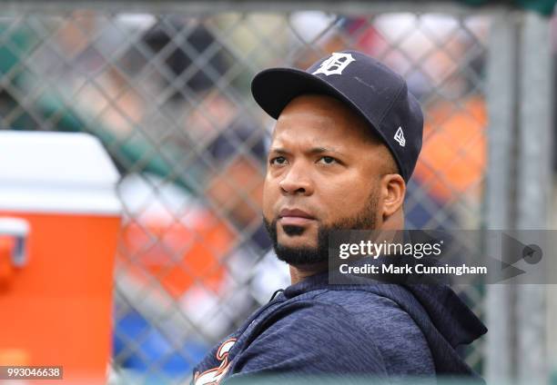 Francisco Liriano of the Detroit Tigers looks on from the dugout during the game against the Cleveland Indians at Comerica Park on June 10, 2018 in...