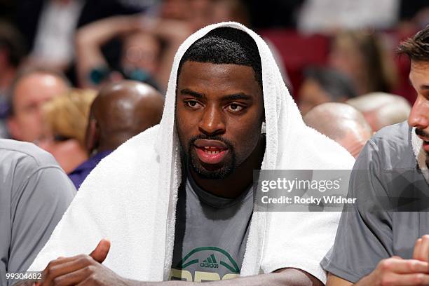 Tyreke Evans of the Sacramento Kings looks on from the bench during the game against the Los Angeles Clippers at Arco Arena on April 8, 2010 in...