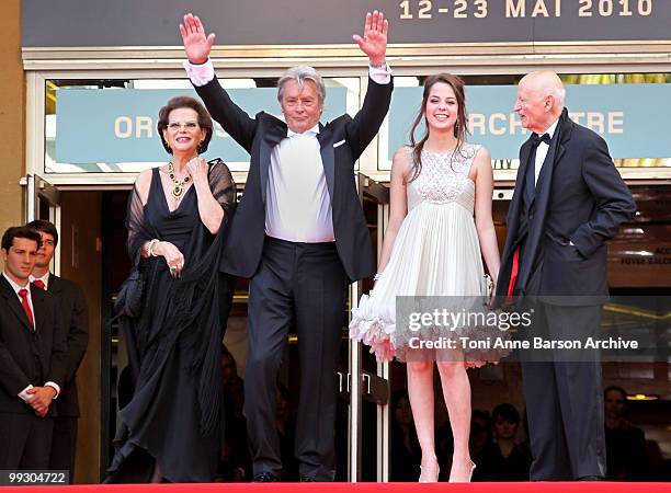 Actress Claudia Cardinale, actor Alain Delon, Anoushka Delon and Cannes Film Festival President Gilles Jacob attend the 'Il Gattopardo' premiere held...