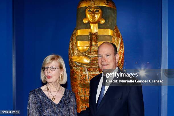 Christiane Ziegler, expertise of exhibition curator, and Prince Albert II of Monaco attend the opening of "L'Or Des Pharaons" - The Gold Of The...