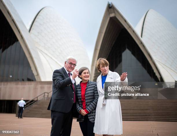 German President Frank-Walter Steinmeier and his wife Elke Buedenbender are received by Louise Herron, the head of the Sydney Opera House, at the...