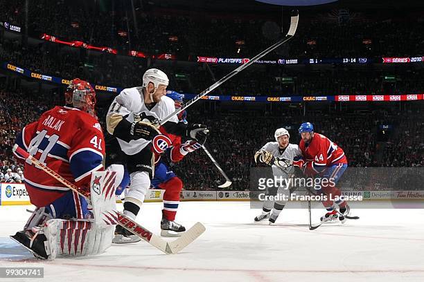 Jordan Staal of the Pittsburgh Penguins waits for a pass in front of Jaroslav Halak of Montreal Canadiens in Game Six of the Eastern Conference...