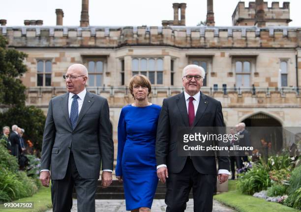 Governor of New South Wales, David Hurley , German President Frank-Walter Steinmeier and his wife Elke Buedenbender walk through the grounds of...