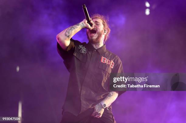 Post Malone performs on the Main Stage on Day 1 of Wireless Festival 2018 at Finsbury Park on July 6, 2018 in London, England.