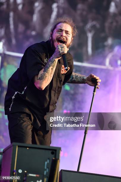 Post Malone performs on the Main Stage on Day 1 of Wireless Festival 2018 at Finsbury Park on July 6, 2018 in London, England.