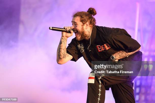 Post Malone performs on the Main Stage on Day 1 of Wireless Festival 2018 at Finsbury Park on July 6, 2018 in London, England.