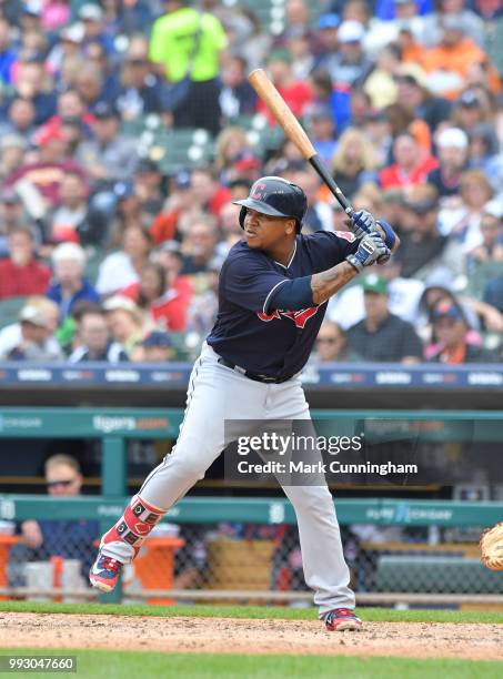 Jose Ramirez of the Cleveland Indians bats during the game against the Detroit Tigers at Comerica Park on June 10, 2018 in Detroit, Michigan. The...