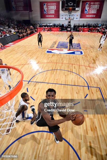 Semaj Christon of the Brooklyn Nets goes to the basket against the Orlando Magic during the 2018 Las Vegas Summer League on July 6, 2018 at the Cox...