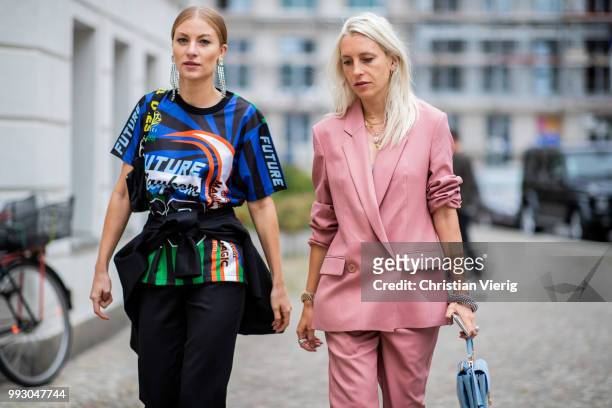 Lisa Banholzer and Cloudy Zakrocki seen outside William Fan during the Berlin Fashion Week July 2018 on July 6, 2018 in Berlin, Germany.