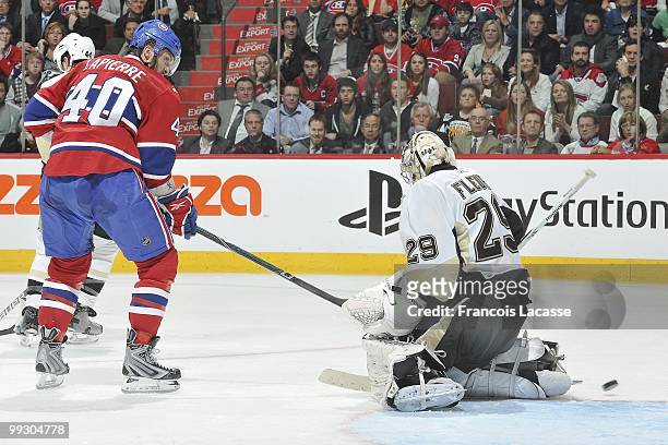 Maxim Lapierre of Montreal Canadiens scores a goal on goalie Marc-Andre Fleury of the Pittsburgh Penguins Game Six of the Eastern Conference...