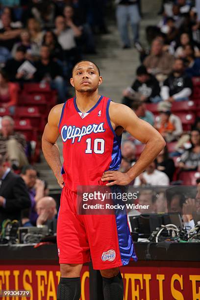 Eric Gordon of the Los Angeles Clippers looks on during the game against the Sacramento Kings at Arco Arena on April 8, 2010 in Sacramento,...