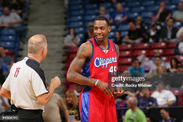 Rasual Butler of the Los Angeles Clippers talks with referee Bennett Salvatore during the game against the Sacramento Kings at Arco Arena on April 8,...