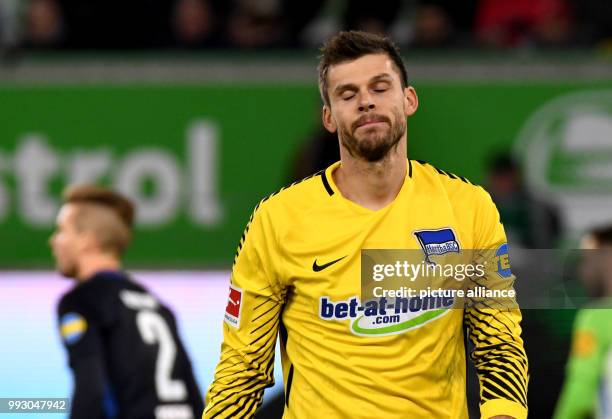 Berlin's goalkeeper Rune Jarstein reacts during the German Bundesliga soccer match between VfL Wolfsburg and Hertha BSC at the Volkswagen Arena in...