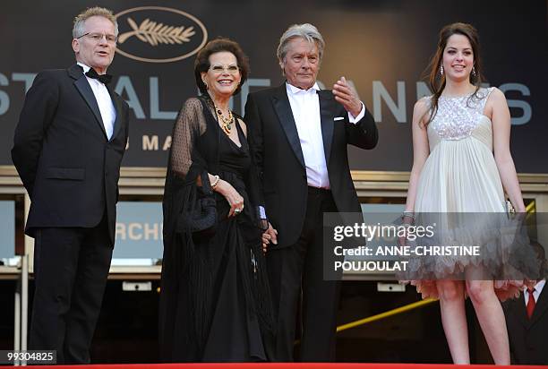 French director of the Cannes Film Festival Thierry Fremaux looks on as Italian actress Claudia Cardinale , French actor Alain Delon and his daughter...