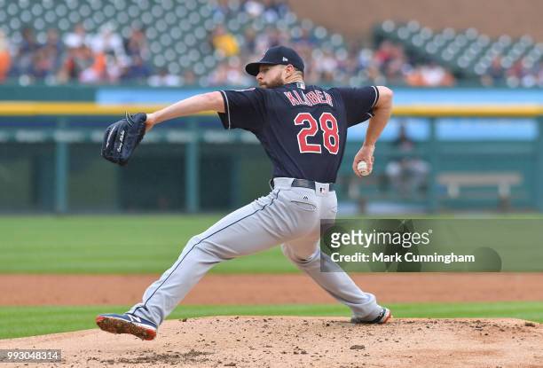 Corey Kluber of the Cleveland Indians pitches during the game against the Detroit Tigers at Comerica Park on June 10, 2018 in Detroit, Michigan. The...