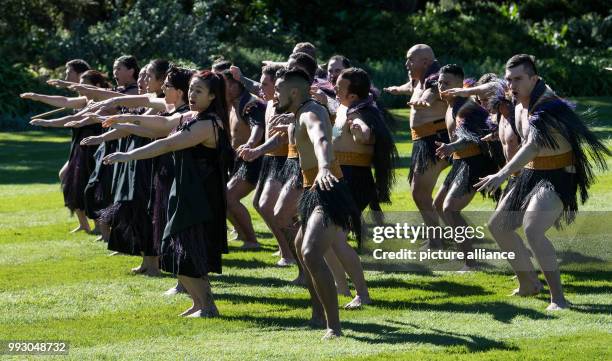 German federal president Frank-Walter Steinmeier is greeted by a Maori group in a government house in Wellington, New Zealand, 6 November 2017....