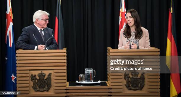 German federal president Frank-Walter Steinmeier and the prime minister of New Zealand Jacinda Ardern hold a press conference after their meeting in...