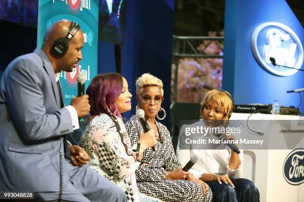 Singer Mary J. Blige and Simone Smith talk on stage with Heart & Soul hosts Cayman Kelly and Michel Wright on stage during the SiriusXM's Heart &...