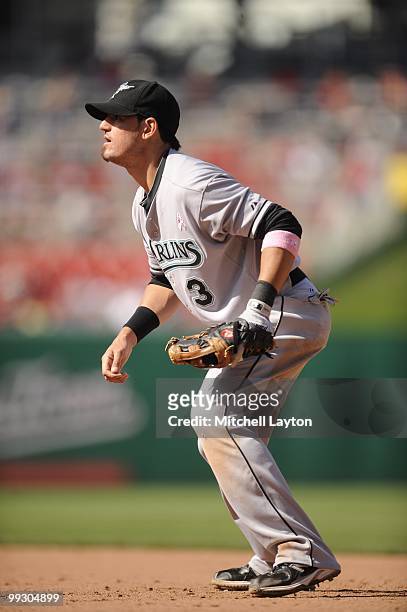 Jorge Cantu of the Florida Marlins prepares to field a ground ball during a baseball game against the Washington Nationals on May 9, 2010 at...