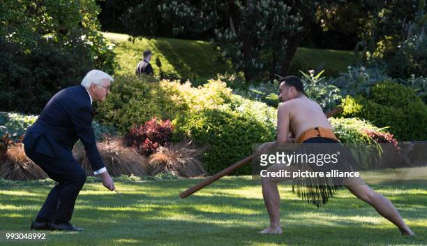 German federal president Frank-Walter Steinmeier is greeted by a Maori group in a government house in Wellington, New Zealand, 6 November 2017....