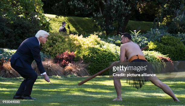 Dpatop - German federal president Frank-Walter Steinmeier is greeted by a Maori group in a government house in Wellington, New Zealand, 6 November...