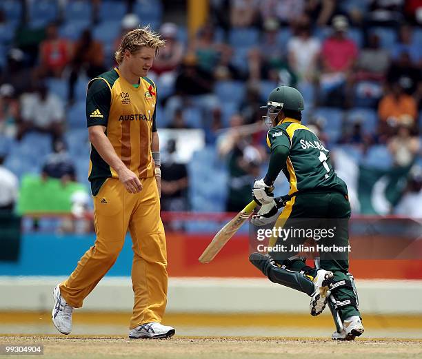 Shane Watson looks displeased as Salman Butt of Pakistan takes runsduring the semi final of the ICC World Twenty20 between Australia and Pakistan at...