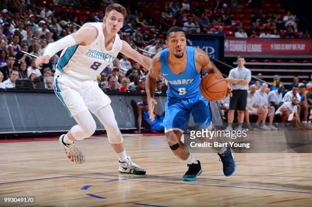 Phil Pressey of the Oklahoma City Thunder handles the ball against the Charlotte Hornets during the 2018 Las Vegas Summer League on July 6, 2018 at...