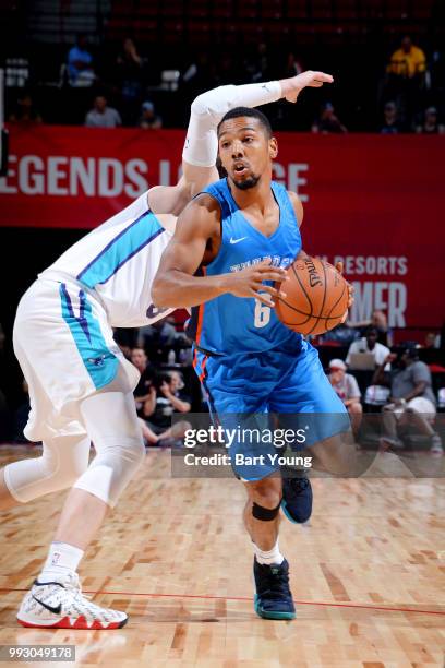 Phil Pressey of the Oklahoma City Thunder handles the ball against the Charlotte Hornets during the 2018 Las Vegas Summer League on July 6, 2018 at...