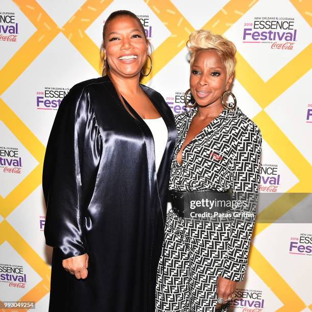 Queen Latifah and Mary J. Blige attend the 2018 Essence Festival presented by Coca-Cola at Ernest N. Morial Convention Center on July 6, 2018 in New...
