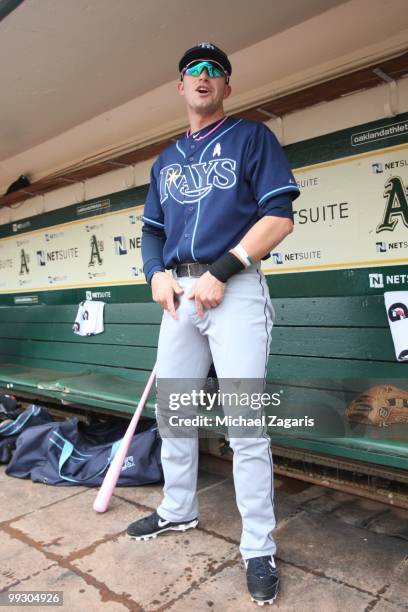 Evan Longoria of the Tampa Bay Rays standing in the dugout prior to the game against the Oakland Athletics at the Oakland Coliseum on May 9, 2010 in...
