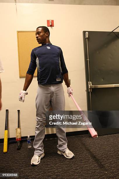 Upton of the Tampa Bay Rays standing in the indoor batting cages prior to the game against the Oakland Athletics at the Oakland Coliseum on May 9,...