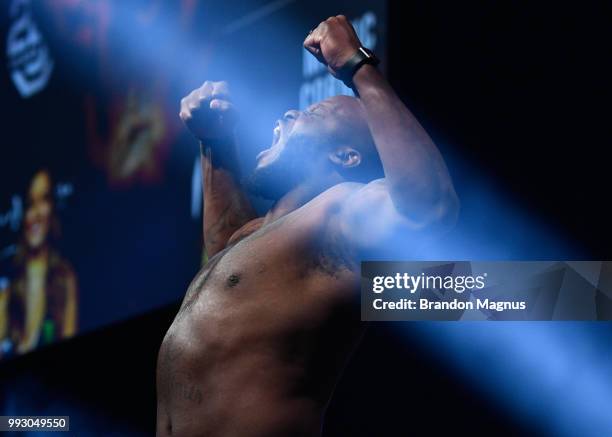 Derrick Lewis poses on the scale during the UFC 226 weigh-in inside T-Mobile Arena on July 6, 2018 in Las Vegas, Nevada.