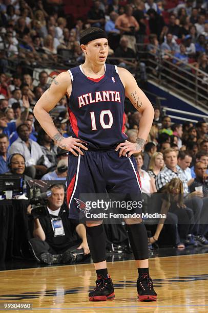 Mike Bibby of the Atlanta Hawks looks on in Game Two of the Eastern Conference Semifinals against the Orlando Magic during the 2010 NBA Playoffs at...