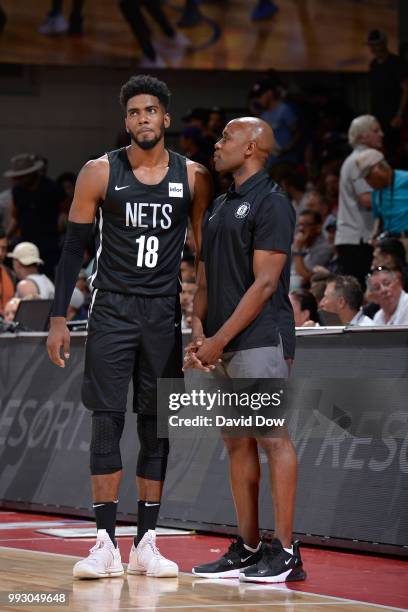 Shawn Dawson and Assistant Coach Jacque Vaughn of the Brooklyn Nets look on during the game against the Orlando Magic during the 2018 Las Vegas...