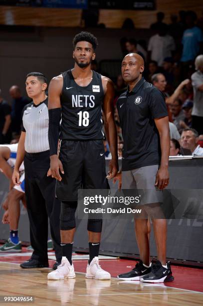 Shawn Dawson and Assistant Coach Jacque Vaughn of the Brooklyn Nets look on during the game against the Orlando Magic during the 2018 Las Vegas...