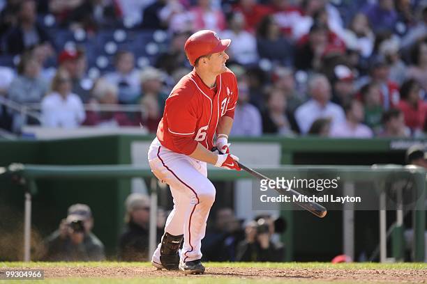 Josh Willingham of the Washington Nationals takes a swing during a baseball game against the Florida Marlins on May 9, 2010 at Nationals Park in...