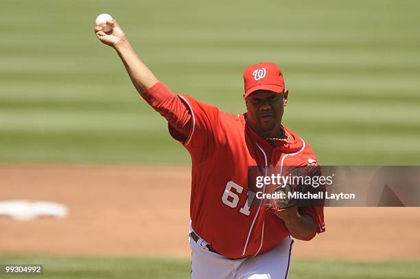 Livan Hernandez of the Washington Nationals pitches during a baseball game against the Florida Marlins on May 9, 2010 at Nationals Park in...