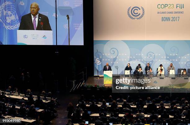 The COP23 president and prime minister of the Fiji Islands Frank Bainimarama gives a speech at the World Climate Conference in Bonn, Germany, 6...