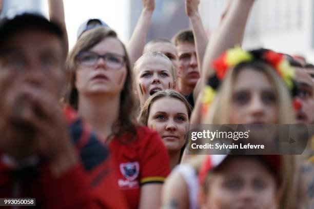 Belgian soccer fans attend FIFA WC 2018 Belgium vs Brasil at Tournai Fan Zone on July 6, 2018 in Tournai, Belgium.