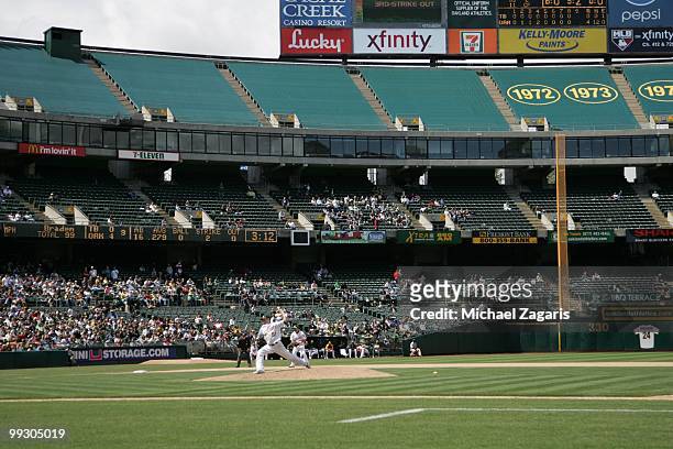 General view as Dallas Braden of the Oakland Athletics pitches during the game against the Tampa Bay Rays at the Oakland Coliseum on May 9, 2010 in...