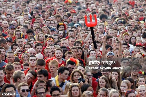 Belgian soccer fans attend FIFA WC 2018 Belgium vs Brasil at Tournai Fan Zone on July 6, 2018 in Tournai, Belgium.