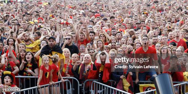 Belgian soccer fans attend FIFA WC 2018 Belgium vs Brasil at Tournai Fan Zone on July 6, 2018 in Tournai, Belgium.